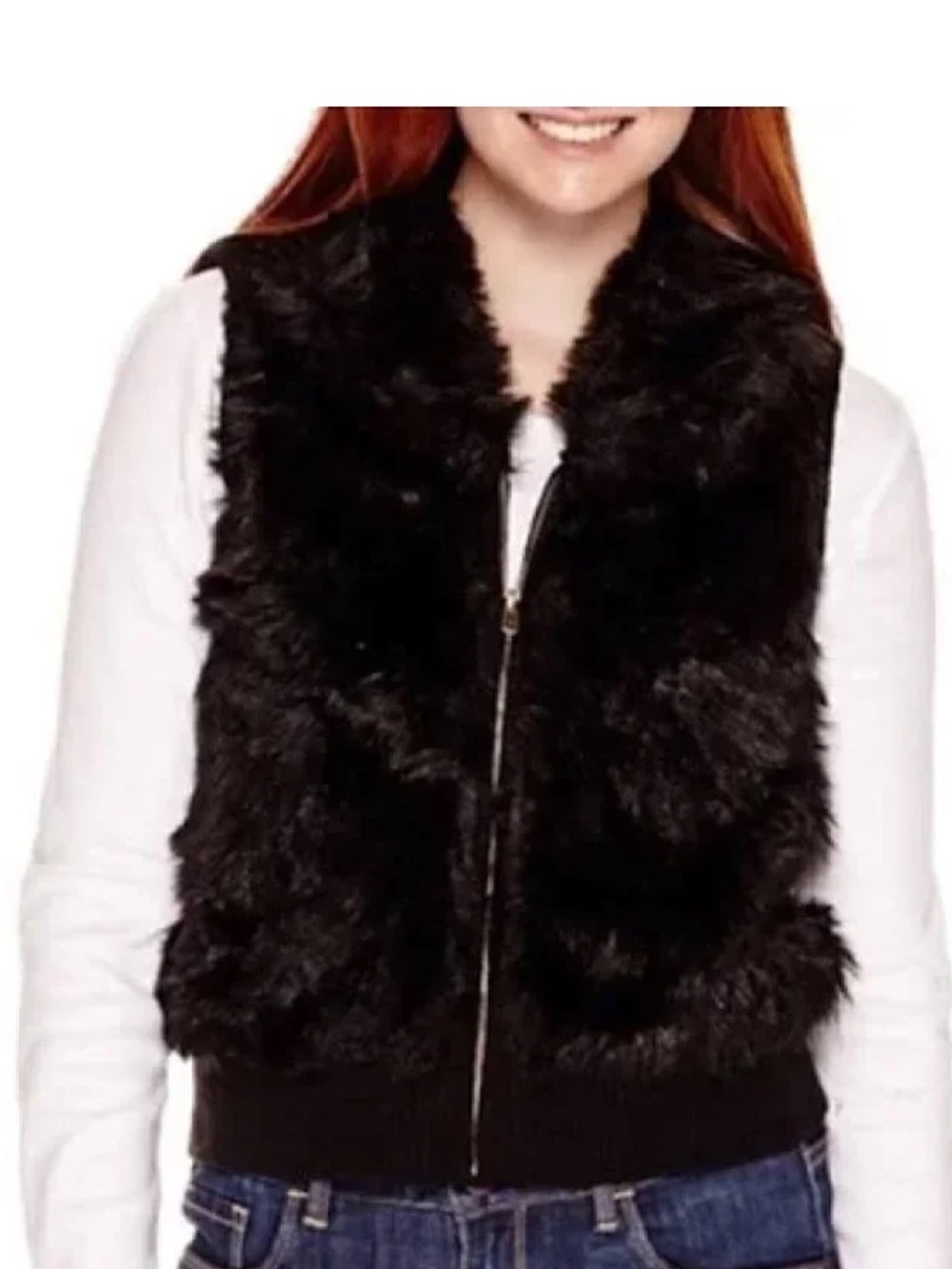 New York & Company Black Faux Fur Zip-Up Vest